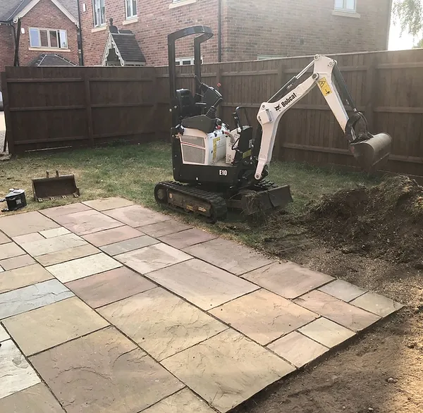 Our Derby Digger Hire Bobkat E10 during a block paved patio project